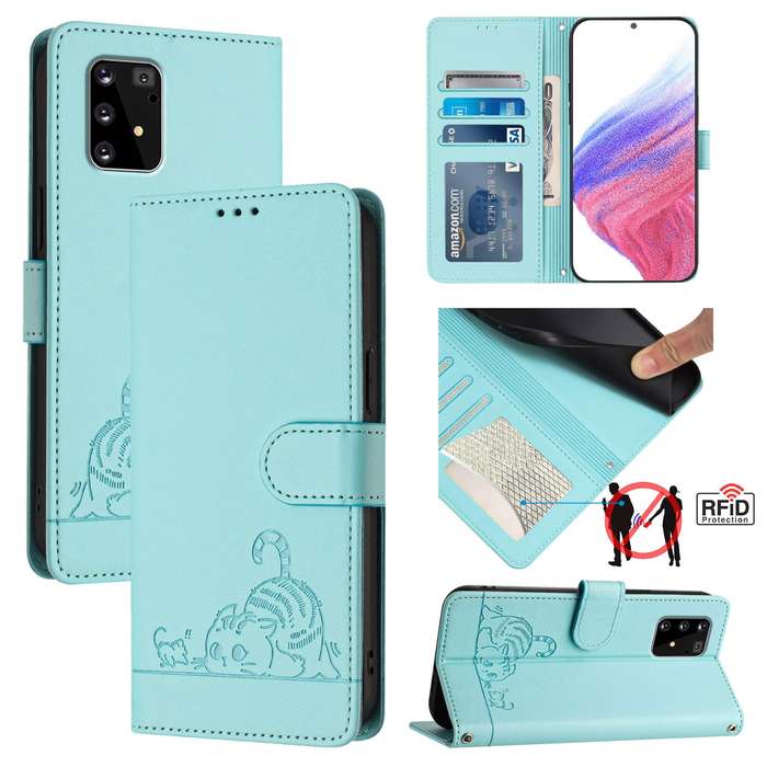 For Samsung Galaxy A91/M80s/S10 Lite Cat Rat Embossed Pattern RFID Leather Phone Case with Lany