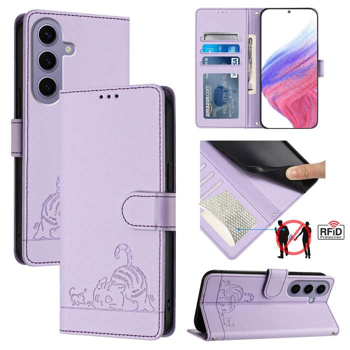 For Samsung Galaxy S24 5G Cat Rat Embossed Pattern RFID Leather Phone Case with Lanyard(Purple)