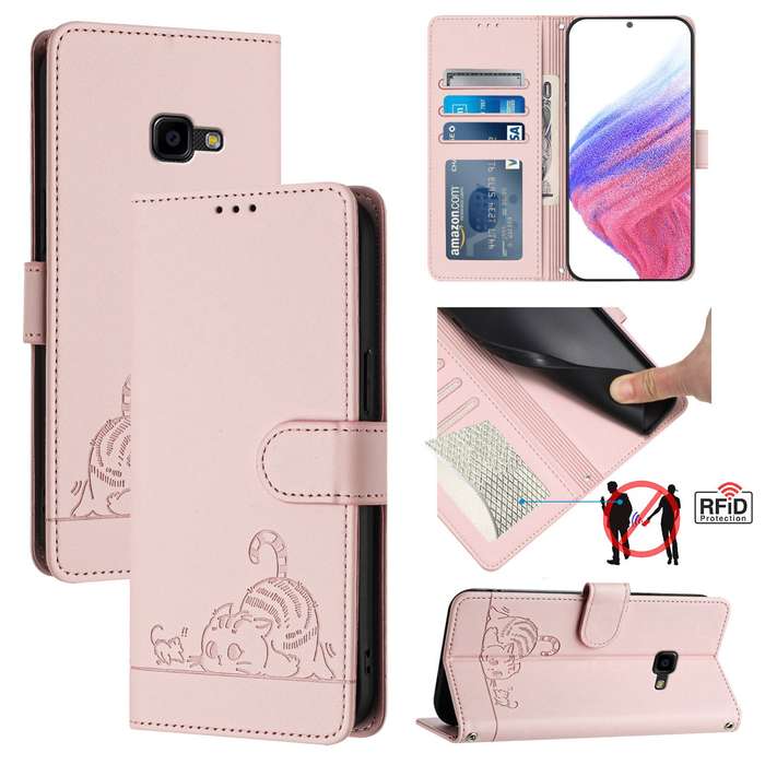 For Samsung Galaxy Xcover 4/Xcover 4s Cat Rat Embossed Pattern RFID Leather Phone Case with Lan