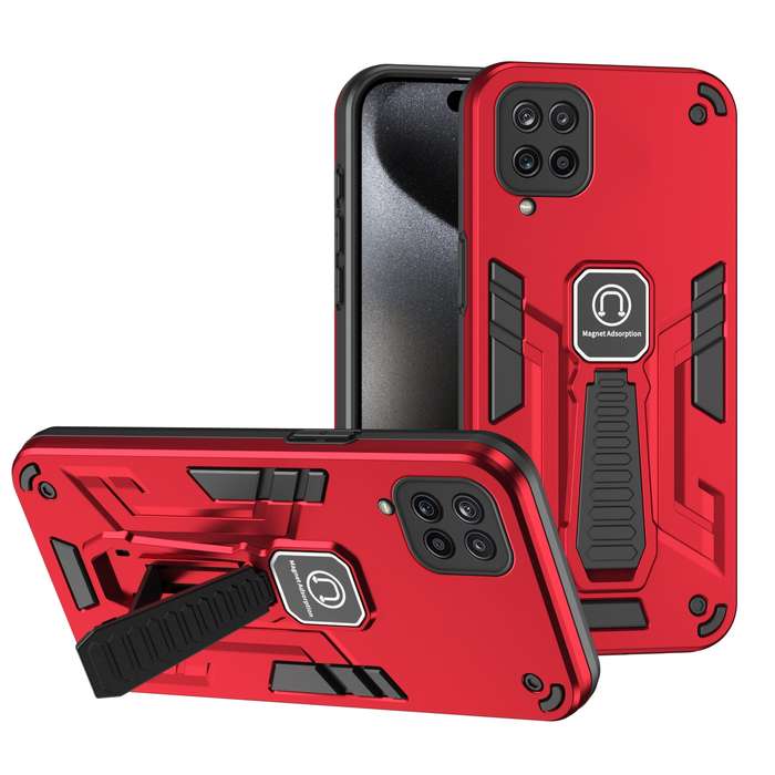 For Samsung Galaxy A12 Shockproof Holder Phone Case(Red)