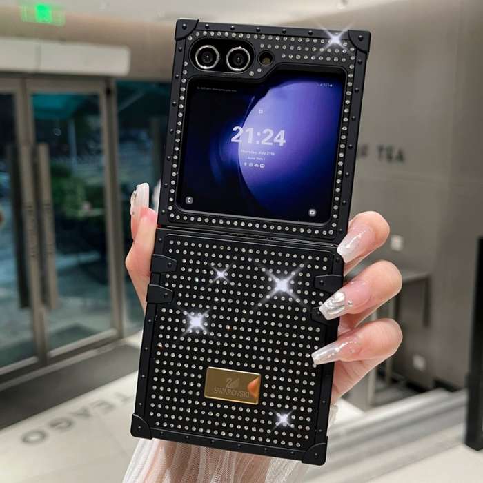 For Samsung Galaxy Z Flip3 5G PC Full Diamond Shockproof Folding Phone Case with Swan Logo(Blac