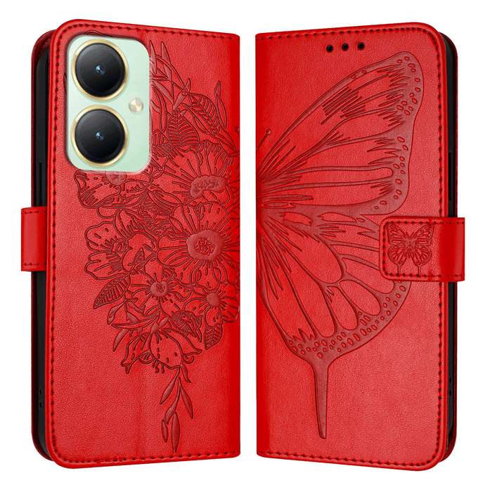 For vivo Y27 4G Global Embossed Butterfly Leather Phone Case(Red)