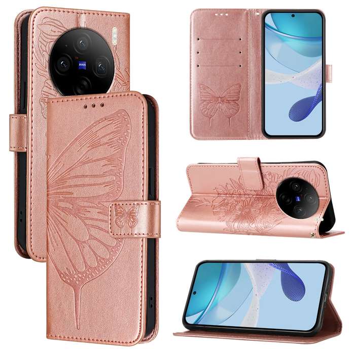 For vivo X100 Pro Embossed Butterfly Leather Phone Case(Rose Gold)