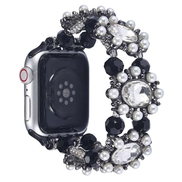 For Apple Watch Series 5 44mm Beaded Pearl Gemstone Bracelet Watch Band(Black)