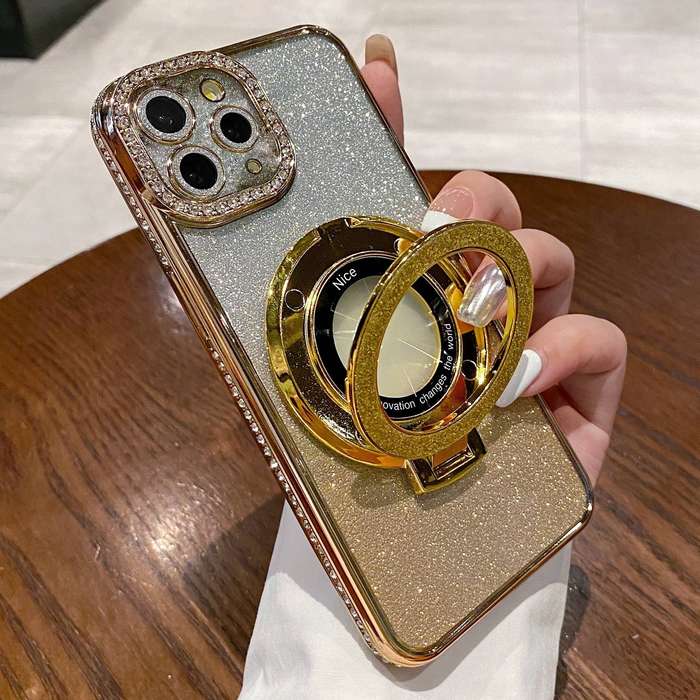 For iPhone 14 Pro Max Gradient Glitter Diamond Plated Holder Magsafe Phone Case(Gold)