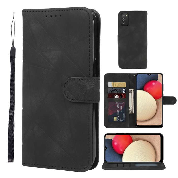 For Samsung Galaxy A02s US Skin Feel Geometric Lines Leather Phone Case(Black)