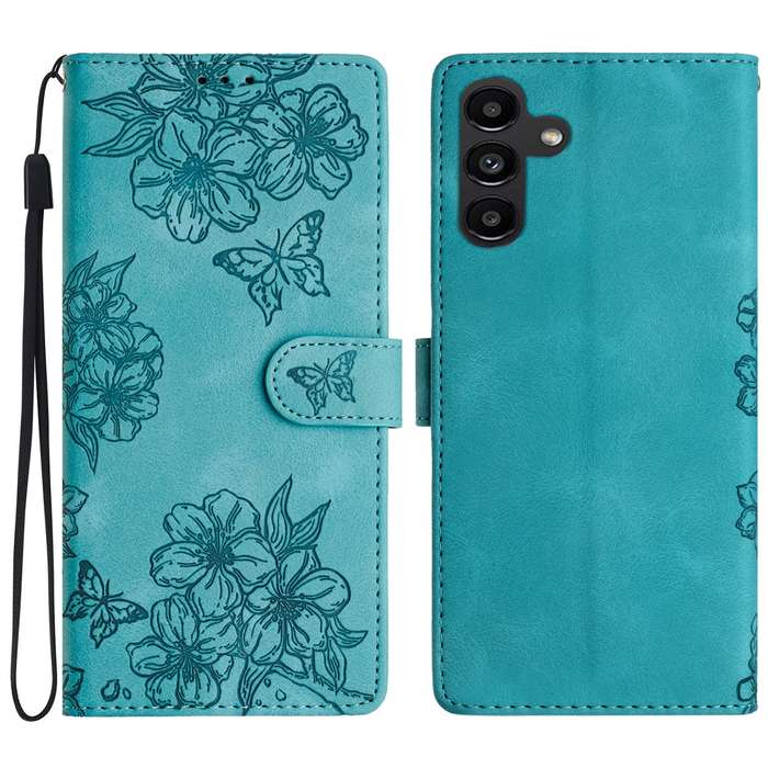 For Samsung Galaxy A25 5G Cherry Blossom Butterfly Skin Feel Embossed PU Phone Case(Green)