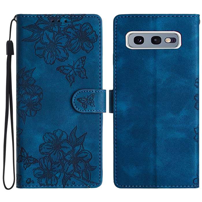 For Samsung Galaxy S10e Cherry Blossom Butterfly Skin Feel Embossed PU Phone Case(Blue)
