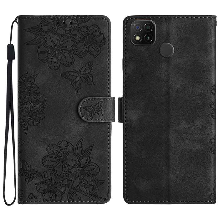 For Xiaomi Redmi 10A Cherry Blossom Butterfly Skin Feel Embossed PU Phone Case(Black)