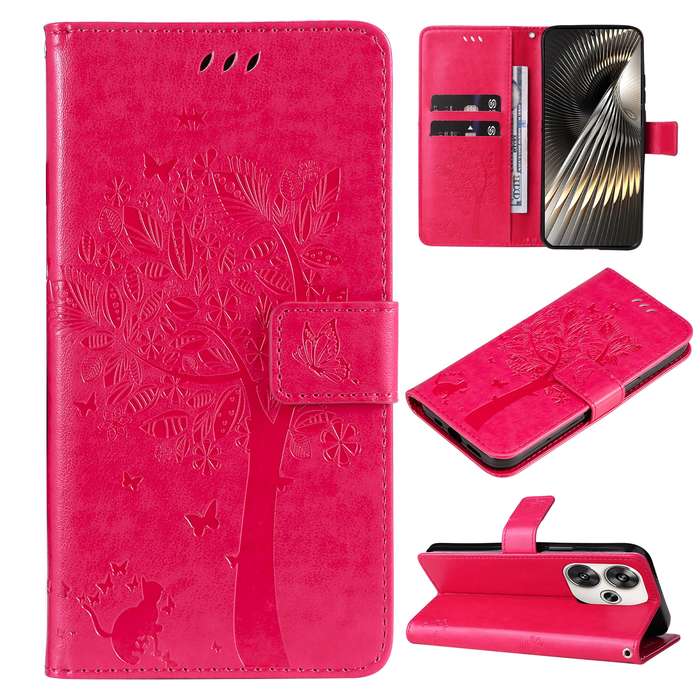 For Xiaomi Poco F6 Tree & Cat Embossed Pattern Flip Leather Phone Case(Rose Red)
