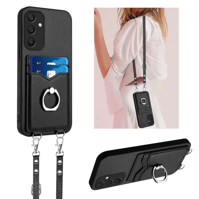 For Samsung Galaxy A25 5G Global R20 Crossbody Rope Ring Card Holder Phone Case(Black)