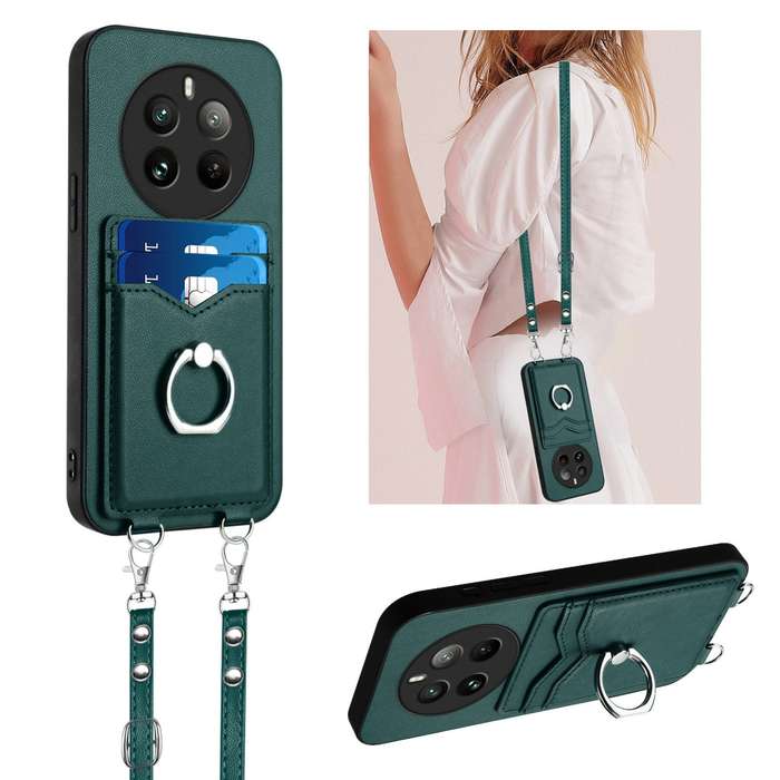 For Realme 12 Pro / 12 Pro+ R20 Crossbody Rope Ring Card Holder Phone Case(Green)
