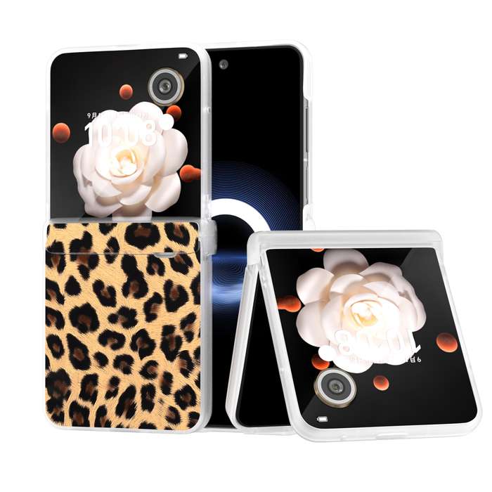 For Honor Magic V Flip Three Parts Frosted Transparent Frame Leopard Pattern Phone Case(Gold Le