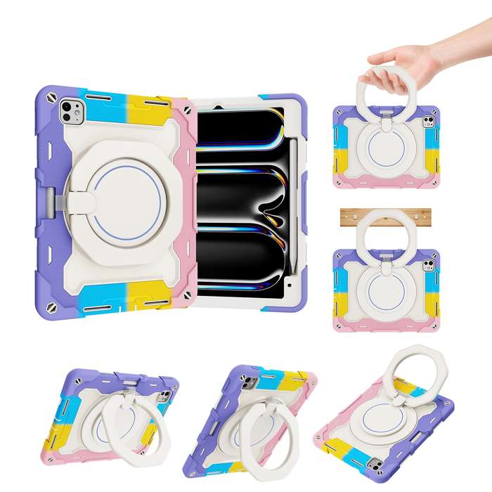 For iPad Pro 11 2024 Armor Portable Rotating Ring Holder Silicone Tablet Case with Pen Slot(Col