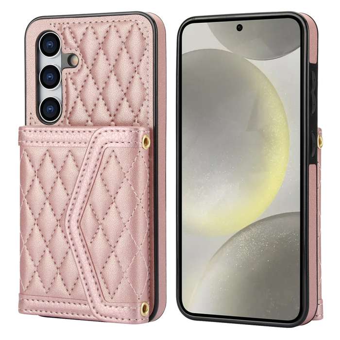 For Samsung Galaxy S24 5G Splicing Rhombic Texture Card Bag Phone Case with Long Lanyard(Rose G