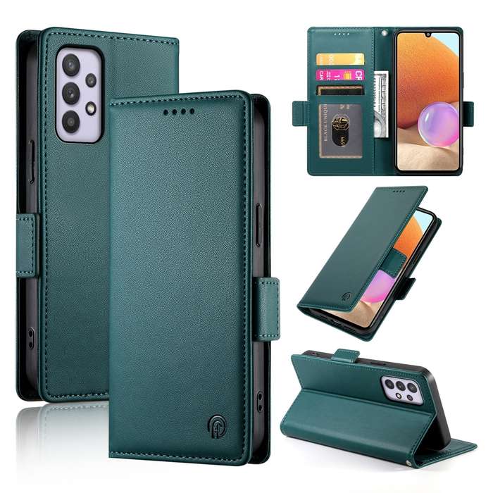 For Samsung Galaxy A32 4G Side Buckle Magnetic Frosted Leather Phone Case(Dark Green)