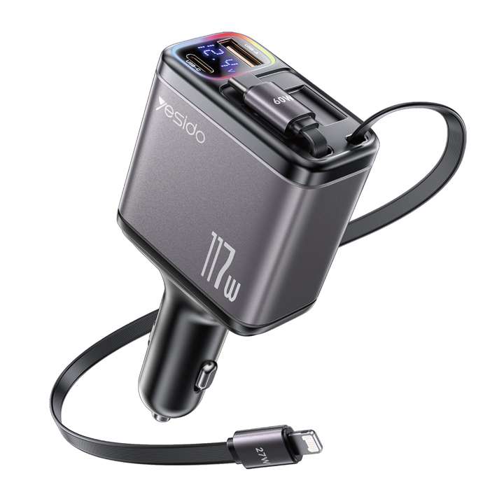 Yesido Y63 4 in 1 117W USB-C / Type-C+USB Multifunctional Retractable Dual Line Digital Display Car