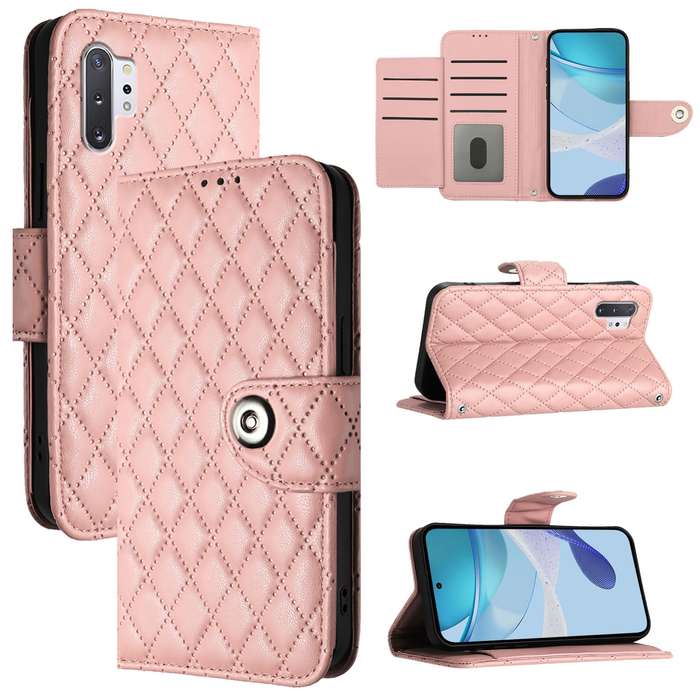 For Samsung Galaxy Note10+ Rhombic Texture Flip Leather Phone Case with Lanyard(Coral Pink)
