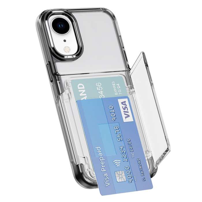 For iPhone XR Card Holder Acrylic Hybrid TPU Phone Case(Transparent Black)