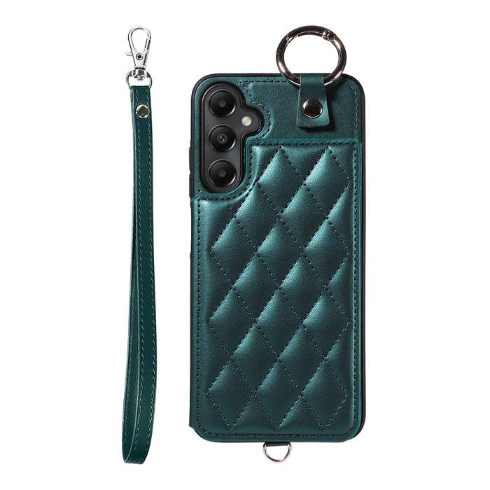 For Samsung Galaxy A05s Rhombic Texture Card Bag Phone Case with Short Lanyard(Green)