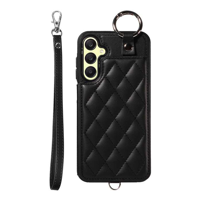 For Samsung Galaxy A25 5G Global Rhombic Texture Card Bag Phone Case with Short Lanyard(Black)