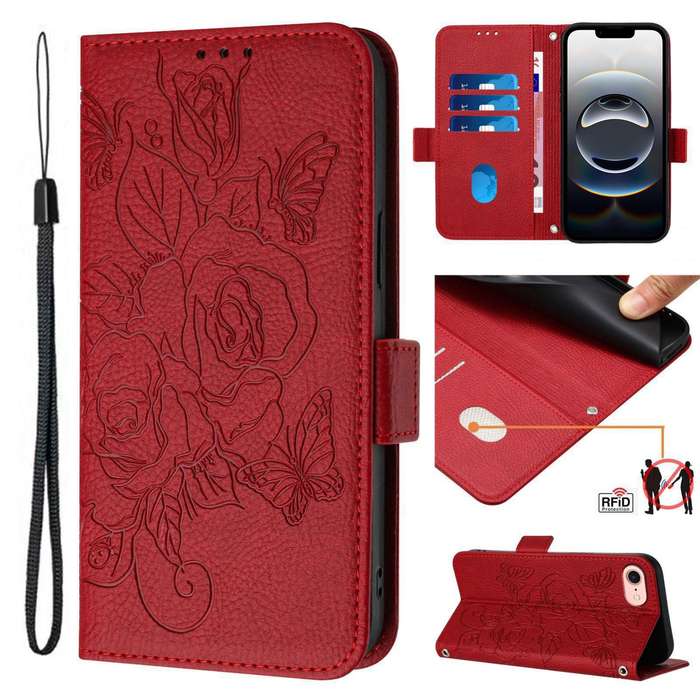 For iPhone SE 2024 Embossed Rose RFID Anti-theft Leather Phone Case(Red)