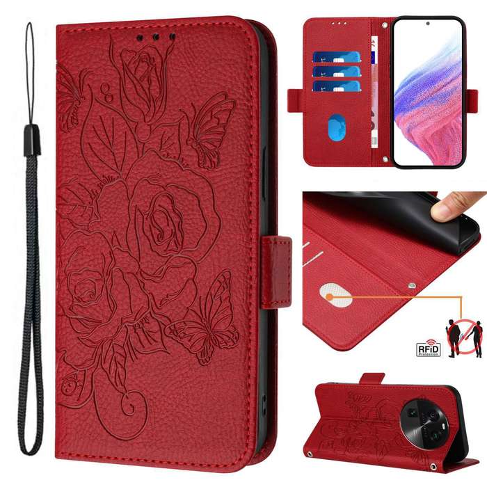 For OPPO Find X6 Pro Embossed Rose RFID Anti-theft Leather Phone Case(Red)
