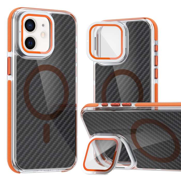 For iPhone 12 Pro / 12 Magsafe Dual-Color Carbon Fiber Lens Film Phone Case with Lens Fold Hold