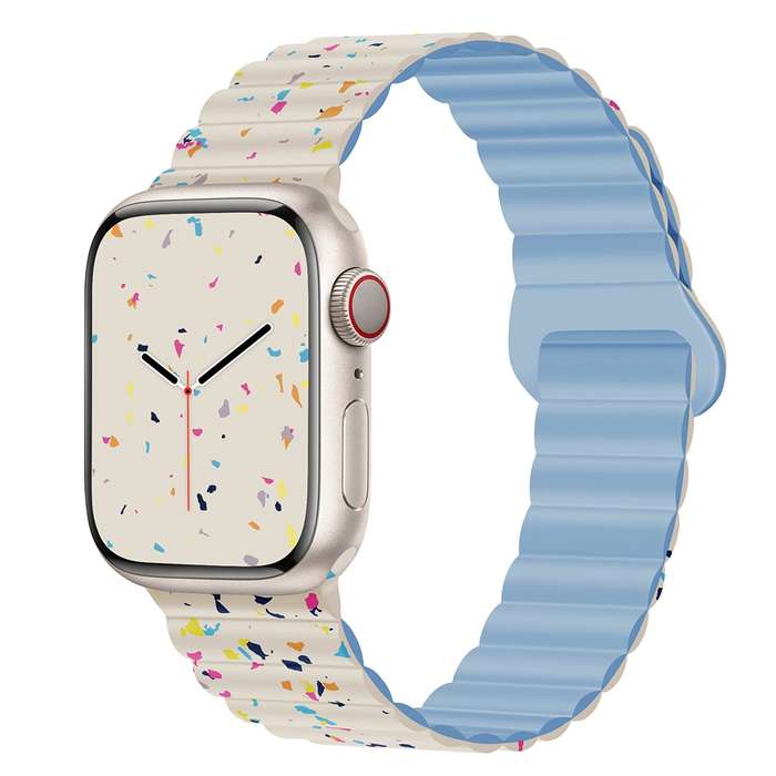 For Apple Watch Series 7 45mm Colorful Dots Magnetic Silicone Watch Band(Creamy White+Mist Blue