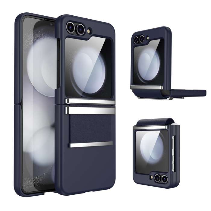 For Samsung Galaxy Z Flip6 5G Hardware Foldable Leather Shockproof Phone Case(Dark Blue Silver)