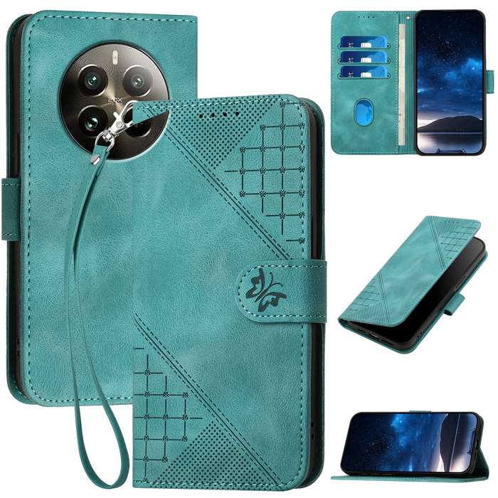 For Realme 12 Pro+ 5G Global YX0080 Grid Butterfly Embossed Pattern Flip Leather Phone Case wit