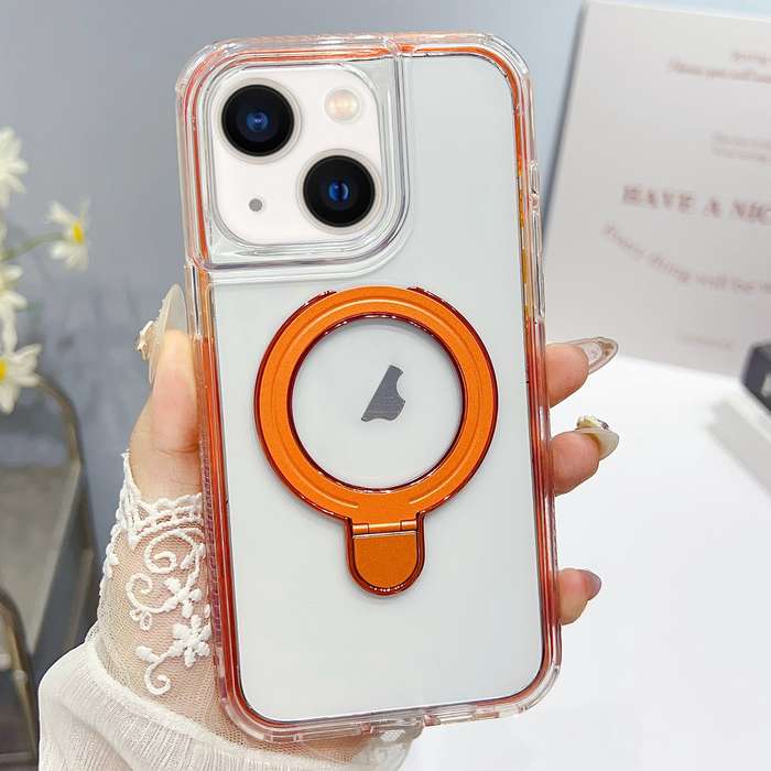 For iPhone 15 Translucent 3 in 1 Holder MagSafe Phone Case(Orange)