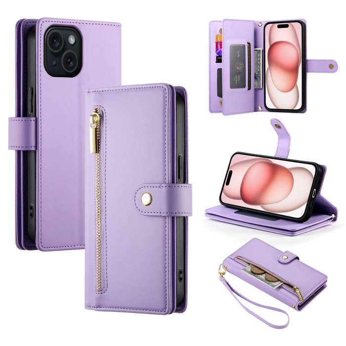 For iPhone 15 Nine Card-slot Zipper Wallet Bag Leather Phone Case(Purple)