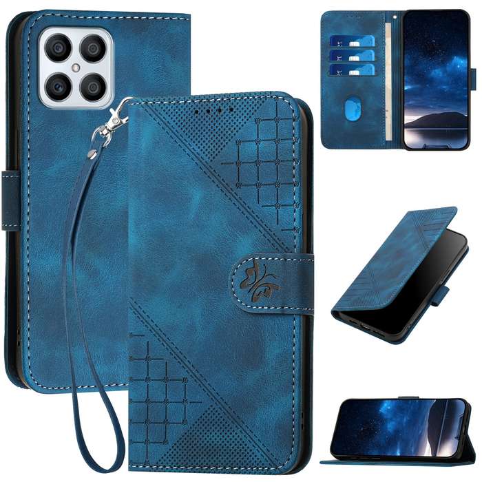 For Honor Play6T Pro YX0080 Grid Butterfly Embossed Pattern Flip Leather Phone Case with Lanyar