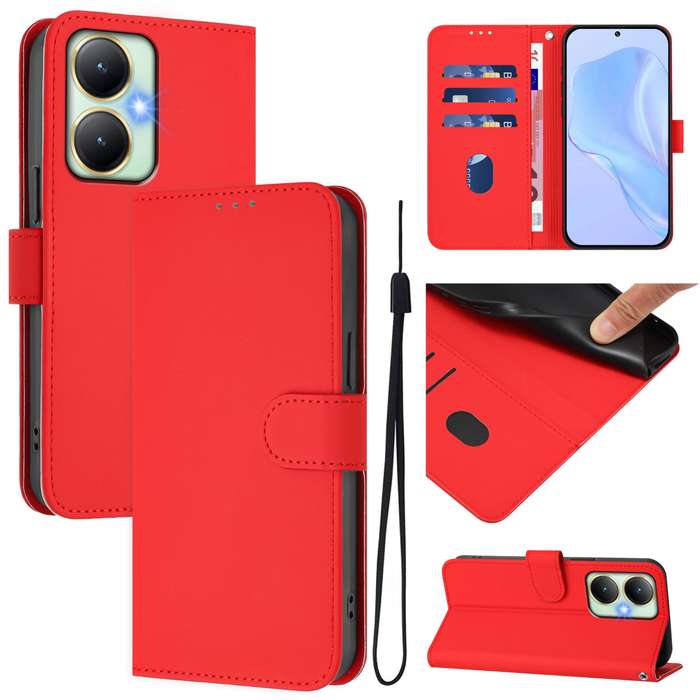 For vivo Y27 4G 2023 Global Skin Feel Solid Color Leather Phone Case with Lanyard(Brown)