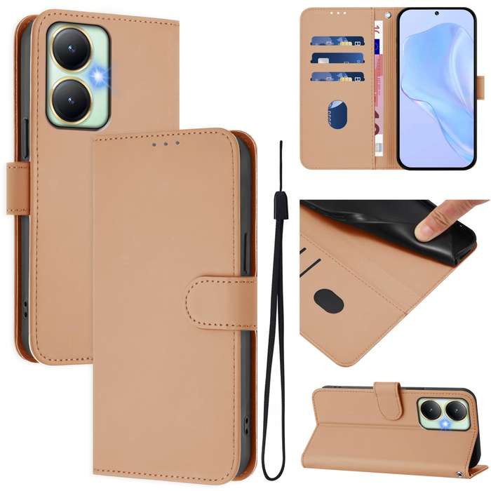 For vivo Y27 4G 2023 Global Skin Feel Solid Color Leather Phone Case with Lanyard(Brown)
