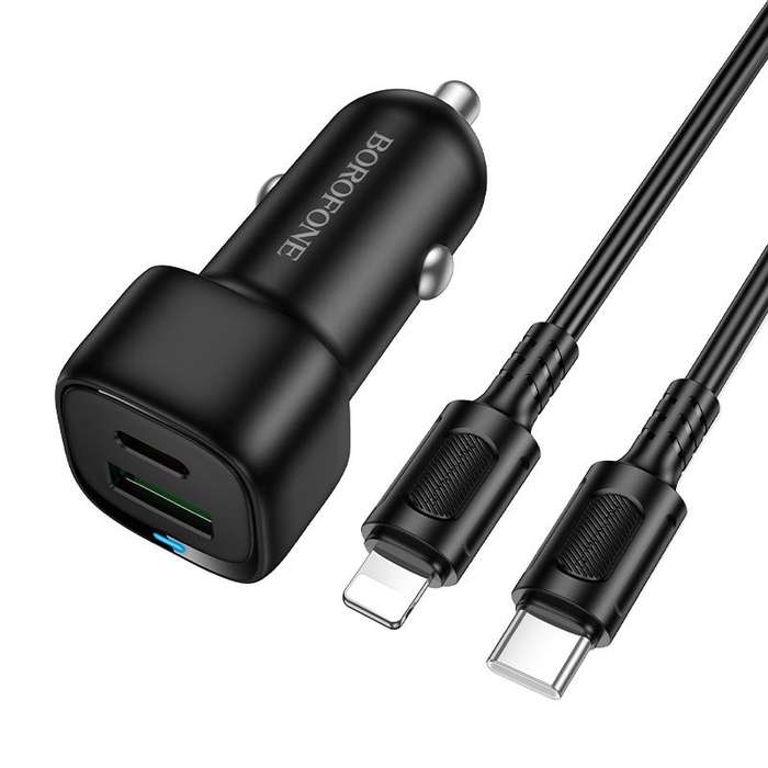 BOROFONE BZ34B Cloud PD38W Type-C and USB Car Fast Charger, with 1m Type-C to 8 Pin Cable(White)