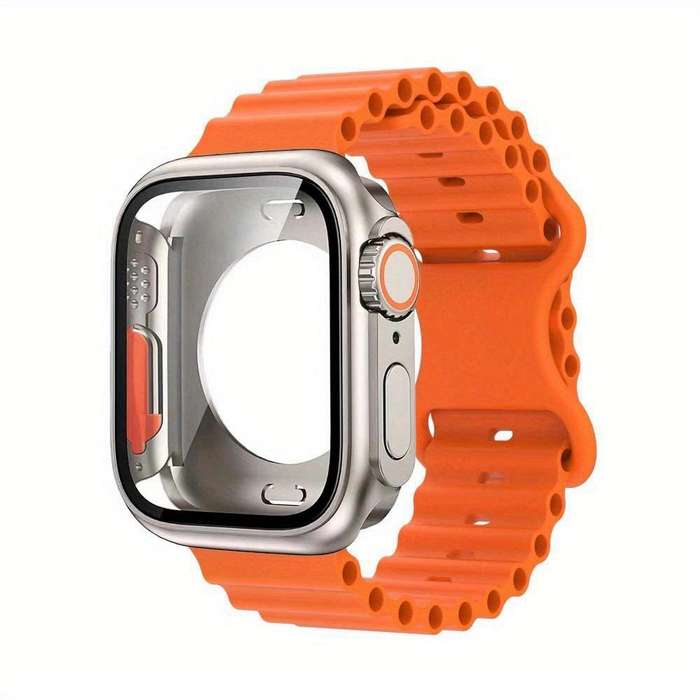 For Apple Watch Series 45mm Butterfly Buckle Ocean Silicone Watch Band with Film Integrated PC Case(