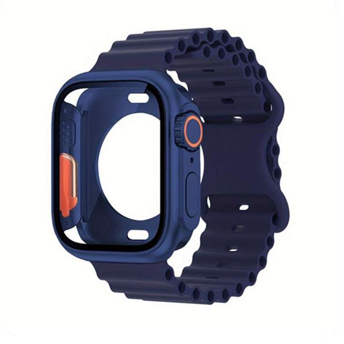 For Apple Watch Series 41mm Butterfly Buckle Ocean Silicone Watch Band with Film Integrated PC Case(