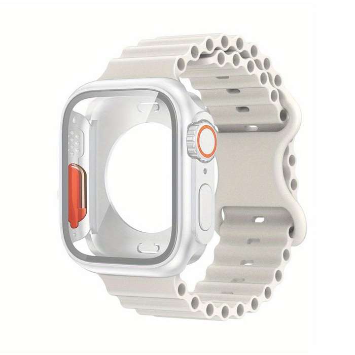 For Apple Watch Series 41mm Butterfly Buckle Ocean Silicone Watch Band with Film Integrated PC Case(