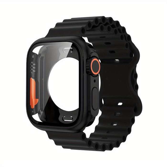 For Apple Watch Series 41mm Butterfly Buckle Ocean Silicone Watch Band with Film Integrated PC Case(