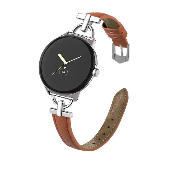 For Google Pixel Watch 3 45mm D-shaped Metal Slim Waist Leather Watch Band(Light Pink)