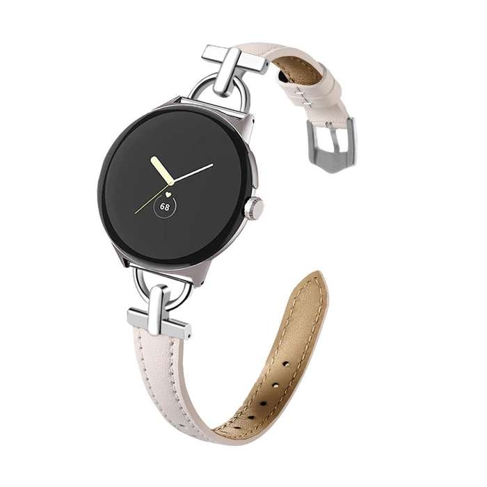 For Google Pixel Watch 3 45mm D-shaped Metal Slim Waist Leather Watch Band(Light Pink)
