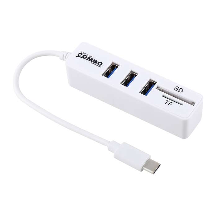 2 in 1 TF & SD Card Reader + 3 x USB Ports to USB-C / Type-C HUB Converter, Total Length: 24cm(Whit