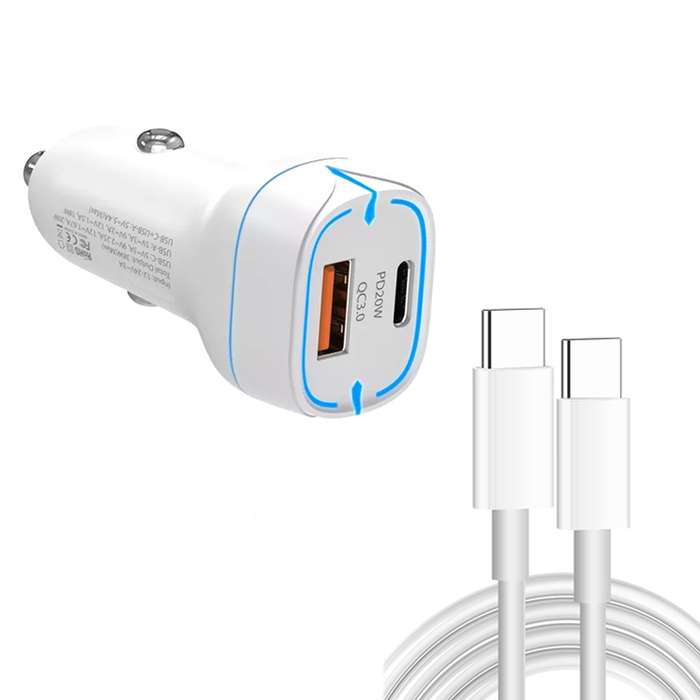 38W PD20W + QC3.0 USB Car Charger with Type-C to Type-C Data Cable, Length: 1m(Black)