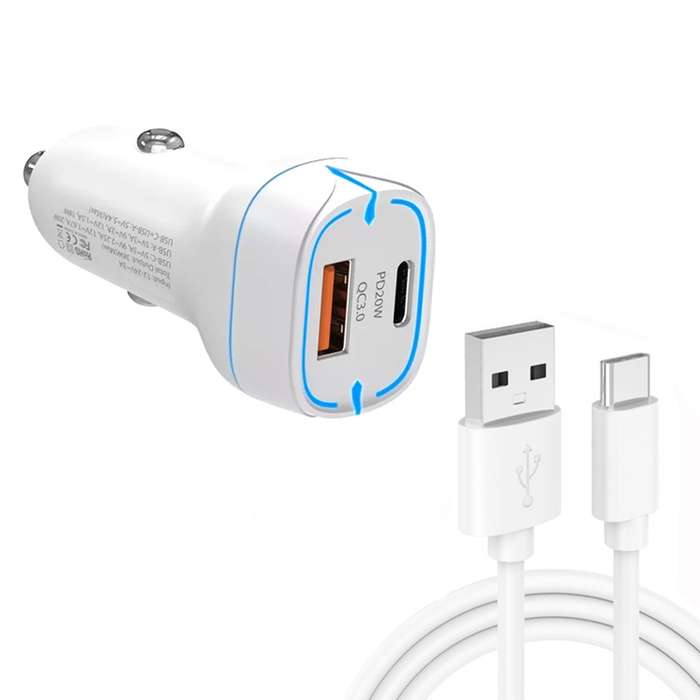38W PD20W + QC3.0 USB Car Charger with USB to Type-C Data Cable, Length: 1m(Black)