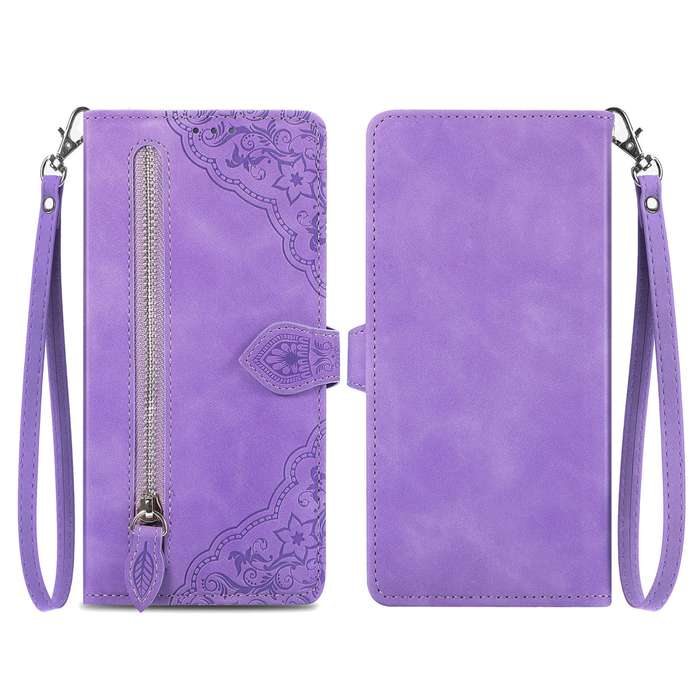 For Samsung Galaxy XCover 5 Embossed Flower Zipper Leather Phone Case(Purple)
