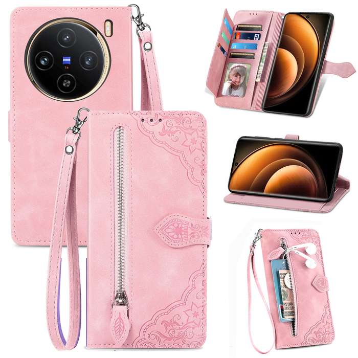 For vivo X100 Embossed Flower Zipper Leather Phone Case(Pink)