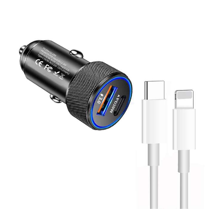 P19 Metal PD20W USB-C + QC18W USB Car Charger with Type-C to 8 Pin Date Cable(Black)