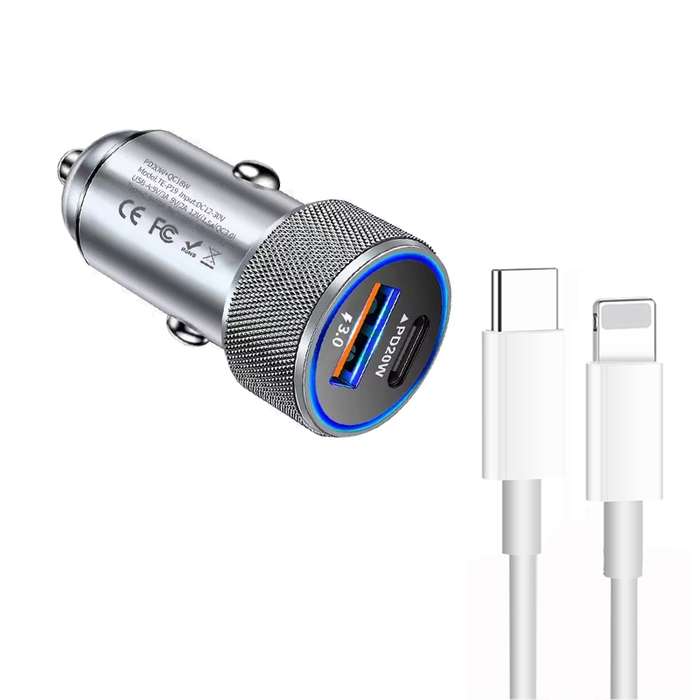 P19 Metal PD20W USB-C + QC18W USB Car Charger with Type-C to 8 Pin Date Cable(Black)